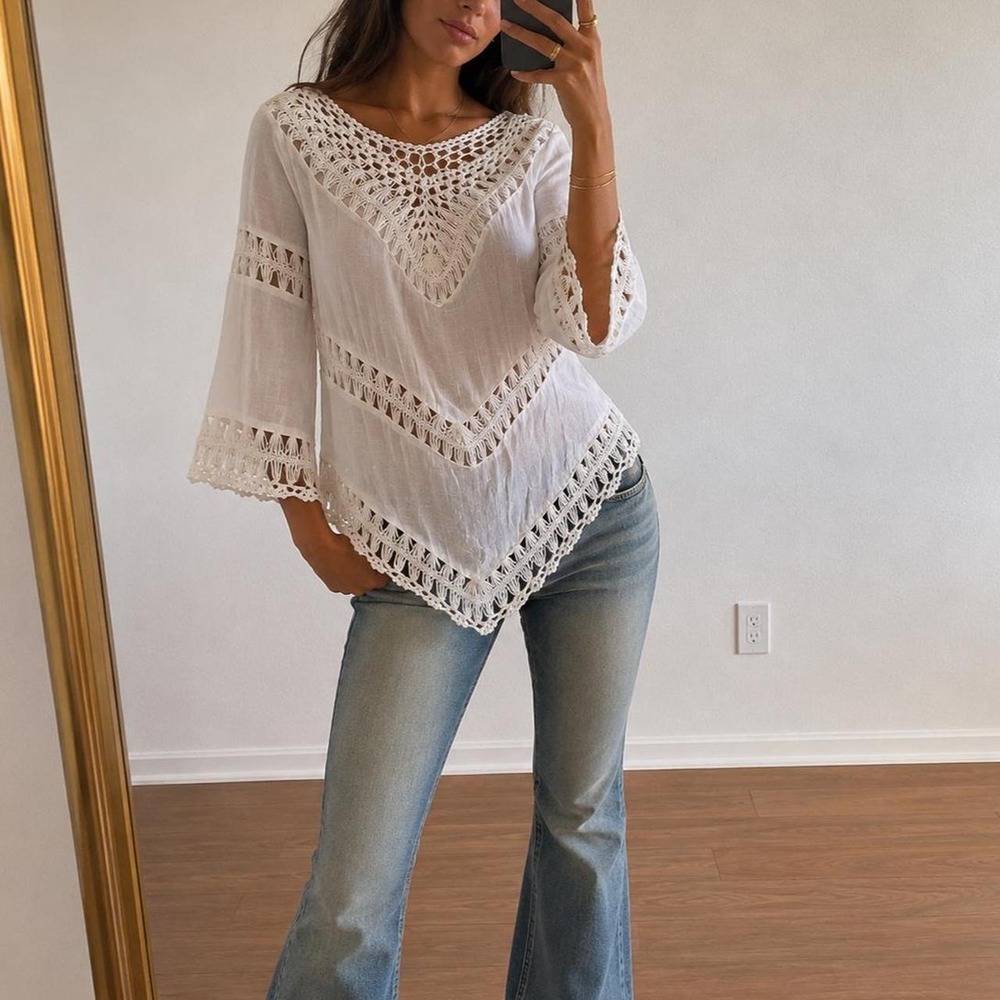 White Blouse Crochet Lace Women M Cottagecore Coastal Festival Summer